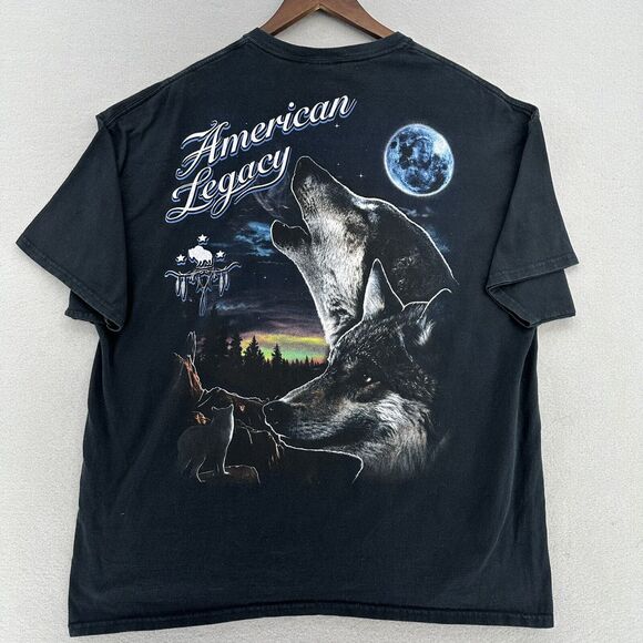 Y2K American Legacy Wolf Double Sided Black Tshirt Mens 2XL Native American VTG - Picture 2 of 7